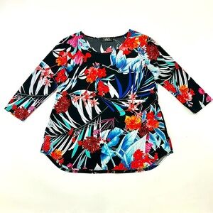Sympli tropical print polyester three quarter sleeve round neck top Size 8
